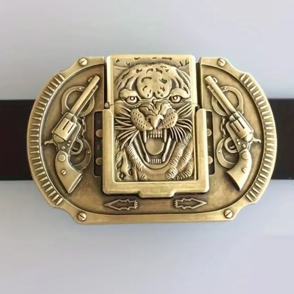 Silver or gold Tiger revolver pistol lighter belt buckle
